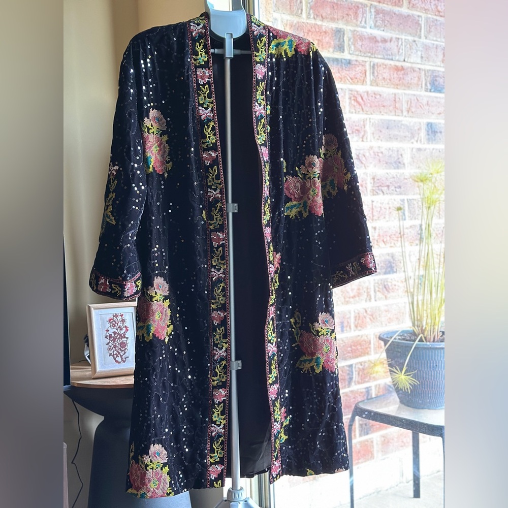 Zara Black Velvet  Kimono Coat with Floral Embroidery